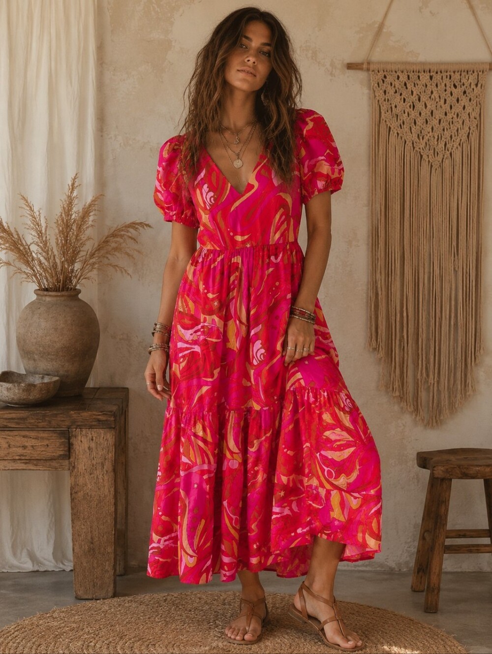1. State Pink and Yellow Abstract Print Maxi Dress Boho Flowy